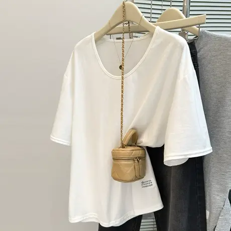 白色U领纯棉短袖T恤女2025夏季新款韩版宽松百搭开叉下摆半袖上衣图片