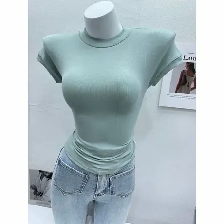 韩系简约穿搭~基础款圆领短袖T恤女修身百搭螺纹棉弹力体恤衫上衣图片