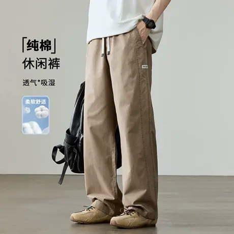 猫人纯棉阔腿休闲裤夏季新疆棉宽松直筒卫裤垂感抗皱潮运动长裤子图片