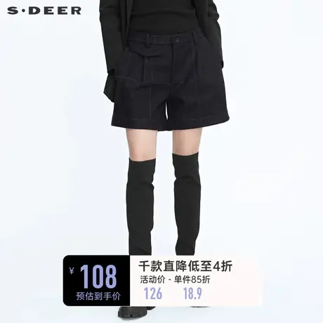 sdeer圣迪奥冬装女装复古时尚格纹A字黑色宽松毛呢短裤S20480908👊商品大图