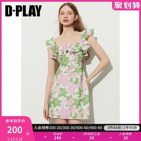 DPLAY2023夏新度假风绿粉百合一字领两穿设计荷叶边印花连衣裙商品大图