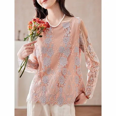 宝诗黎圆领宽松镂空蕾丝衫2025春季韩系气质显瘦百搭长袖衬衣女商品大图