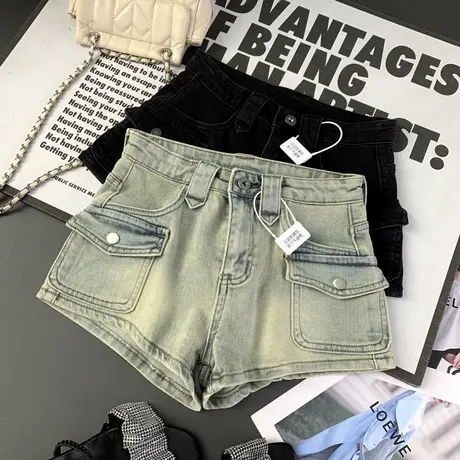 高腰口袋工装辣妹牛仔短裤女2024新款夏季百搭休闲少女a字短裙潮商品大图