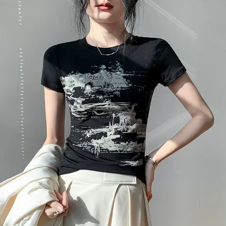莱赛尔圆领水墨印花短袖T恤女2025春夏新款外穿修身透气内搭上衣图片