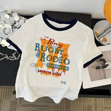 竹节棉短袖T恤女夏季2025新款修身韩版打底衫趣味印花短款上衣潮商品大图