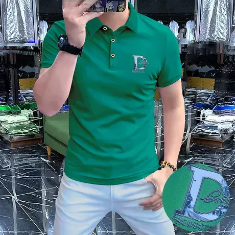 Polo衫半袖轻奢夏季上衣简欧男装男士短袖新款舒适透气合身型绿色图片