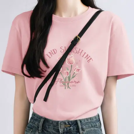 KWV真维斯粉色纯棉短袖t恤女夏半袖宽松大码上衣女2025新款爆款图片