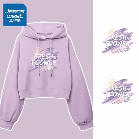 KHV真维斯紫色加绒卫衣女连帽短款外套秋冬季2025新款学生上衣图片