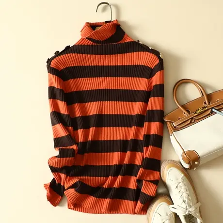 堆堆高领毛衣打底衫女士内搭秋冬2023年新款条纹洋气加厚针织上衣图片