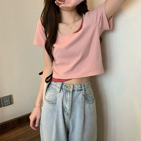 不规则正肩短袖t恤女夏季2024新款设计感小众甜辣妹短款上衣ins潮图片