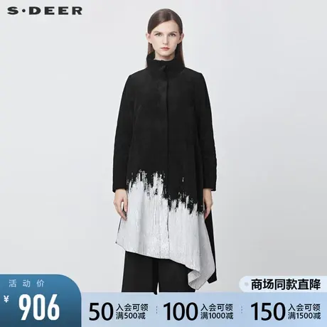 sdeer圣迪奥2021冬季新品时尚高领撞色印花灯芯绒大衣女S21481704图片