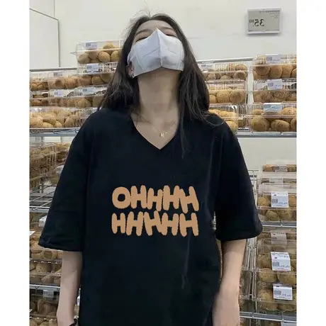 hiphop潮牌大码短袖夏季纯棉减龄V领上衣ins美式高街风百搭T恤女商品大图