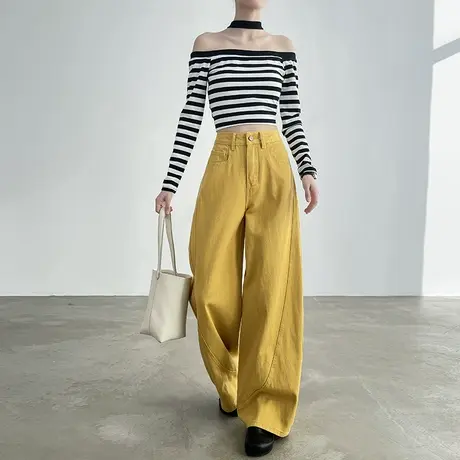 美式直筒牛仔香蕉裤女春秋宽松高腰显瘦直筒垂感阔腿拖地黄色裤子商品大图