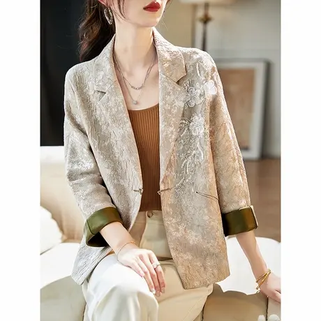 宝诗黎一粒扣钉珠提花西装外套2025春季气质宽松短款百搭上衣女商品大图