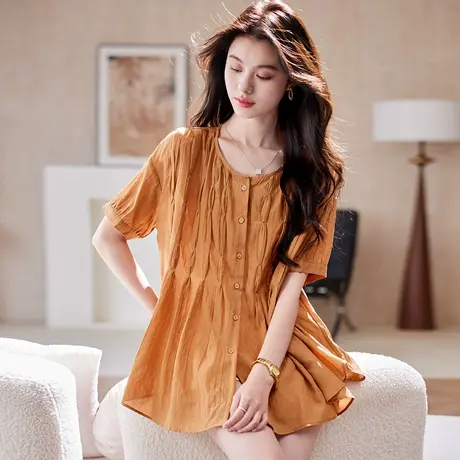 宝诗黎圆领宽松纯色短袖衬衫2025夏季简约气质百搭洋气休闲衬衣女图片