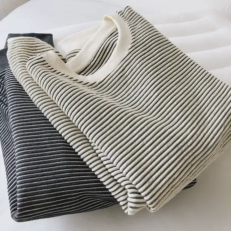 复古chic港味条纹圆领卫衣女春秋装韩版百搭宽松薄款休闲上衣外套图片