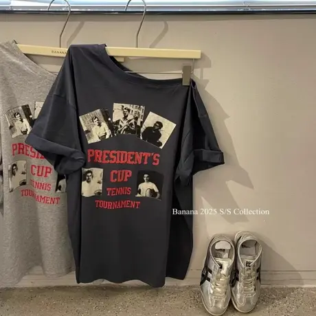 韩国东大门夏季新款美式复古印花斜肩短袖T恤女宽松时髦露肩上衣商品大图