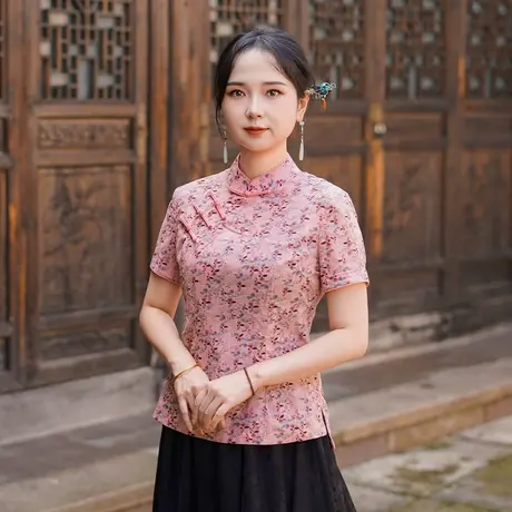 筠雅夏季新款中式改良唐装上衣民国复古气质中国风女士短袖25J270商品大图