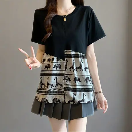 高级感吊带假两件短袖T女2025夏季新款大码胖MM宽松显瘦遮肉上衣图片