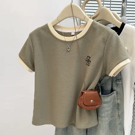 夏季2025新款撞色正肩短袖T恤女小个子修身韩版短款华夫格上衣服图片