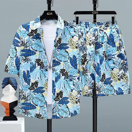 2025新款情侣款速干沙滩裤花衬衫套装男女同款短袖衬衣海边短裤子图片