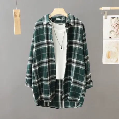 秋冬磨毛加厚休闲格子衬衫外套女春秋宽松中长款衬衣开衫大码上衣商品大图