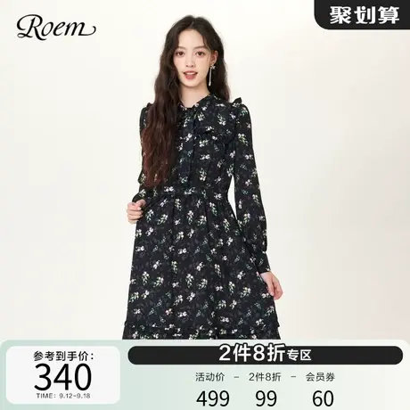 Roem复古时尚黑色碎花连衣裙淑女优雅立领飘带荷叶边中长裙新款图片