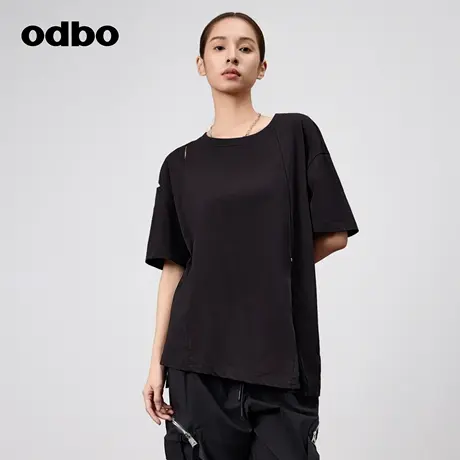 odbo/欧迪比欧时尚异材质拼接设计短袖女t恤夏季2024新款宽松上衣图片