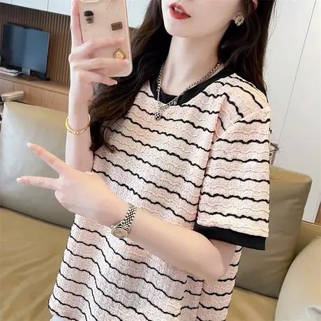 设计感小众短袖t恤女2025新款夏季韩版宽松大码女装条纹撞色上衣商品大图