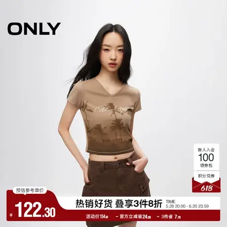 ONLY奥莱夏季潮流复古印花V领修身正肩短款T恤女图片