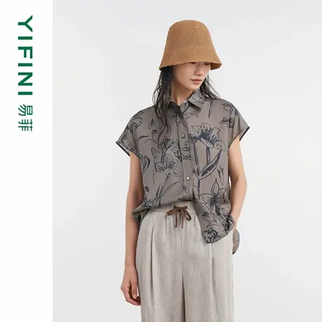 [专柜同款]Yifini/易菲100%真丝桑蚕丝高级感文艺印花宽松衬衫女商品大图