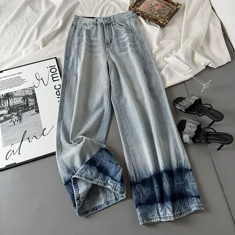 时尚潮流扎染设计感高腰牛仔阔腿裤女宽松显瘦垂感拖地阔腿长裤潮商品大图