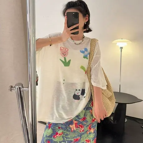 韩国东大门夏季新款春见竹节冰麻水墨直喷印花百搭圆领短袖T恤女商品大图