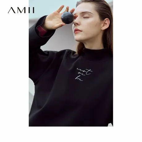 Amii字母绣花卫衣女2025夏季新宽松外套半高领开叉拼接落肩袖上衣商品大图