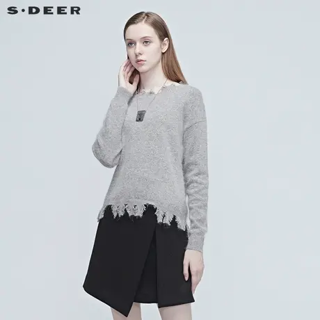 sdeer圣迪奥春装时尚休闲不规则破洞宽松纯色针织毛衣女S20383510图片