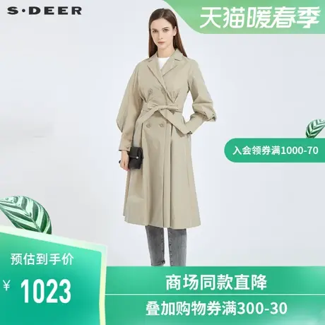 sdeer圣迪奥春秋休闲西装领系带收腰泡泡袖中长款风衣女S21181814图片