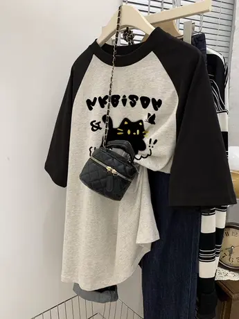 夏季oversize大码女装T恤插肩袖慵懒风短袖ins潮胖mm遮肚显瘦上衣商品大图