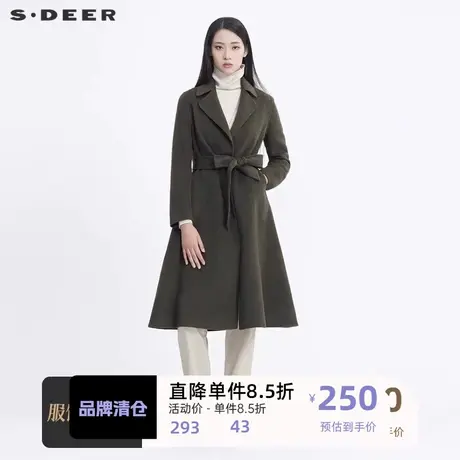sdeer圣迪奥新时尚翻领收腰拼接长款毛呢大衣女外套S20461803图片
