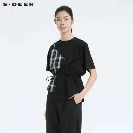 sdeer圣迪奥女装圆领格纹拼接收腰短袖黑色T恤S22260129图片