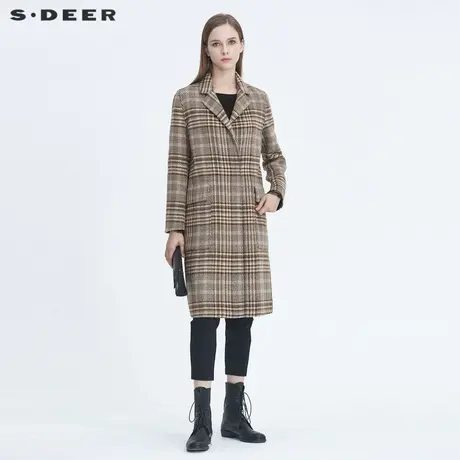 sdeer圣迪奥女装复古休闲平驳领千鸟格中长款毛呢大衣S20461816图片
