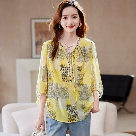 宝诗黎七分袖系带印花雪纺衫女2025夏季时尚气质波西米亚风小衫商品大图