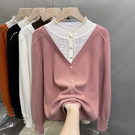 蕾丝半高领毛衣女假两件打底衫2025春秋新款钉珠针织衫内搭上衣潮商品大图