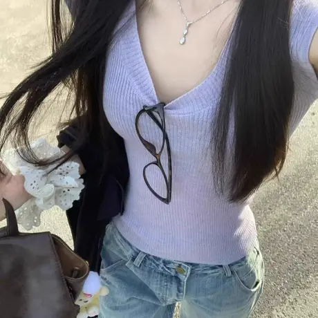 u领针织衫正肩短袖t恤女夏季韩系设计感气质修身显瘦短款辣妹上衣图片