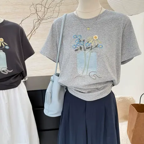 韩系清新花朵印花短袖t恤女2025夏季新款宽松正肩圆领百搭上衣潮图片