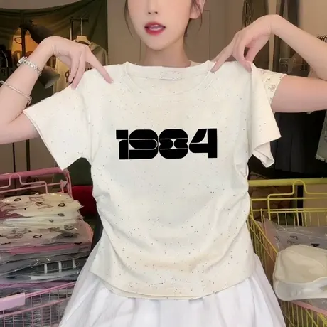 潮流短款小个子t恤女2025新款褶皱修身彩虹波点短袖减龄收腰上衣商品大图