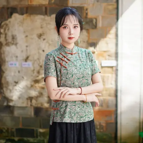 筠雅夏季新款唐装上衣女中式改良复古气质手工盘扣唐装上衣25J272商品大图