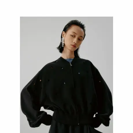 子苞米挑孔设计感棒球服针织开衫外套2024秋季新款黑色V领上衣女商品大图