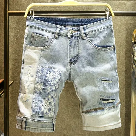 潮牌个性绣花牛仔短裤男街头痞帅休闲五分裤破洞补丁拼接夏季中裤商品大图