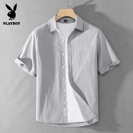 花花公子纯棉短袖衬衫男士夏季宽松休闲寸衫2025新款日系半袖衬衣商品大图