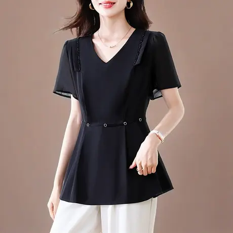 黑色短袖t恤女夏装2025年新款气质女士小衫宽松遮肚子胖MM女上衣商品大图